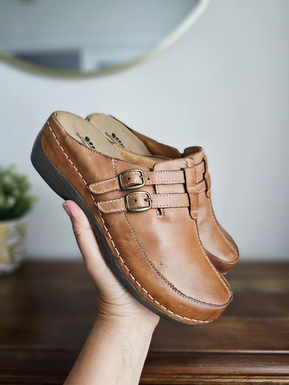 Spring Step Happy Leather Clogs EU 40 US 9-9.5 Brown Double Buckle Mules